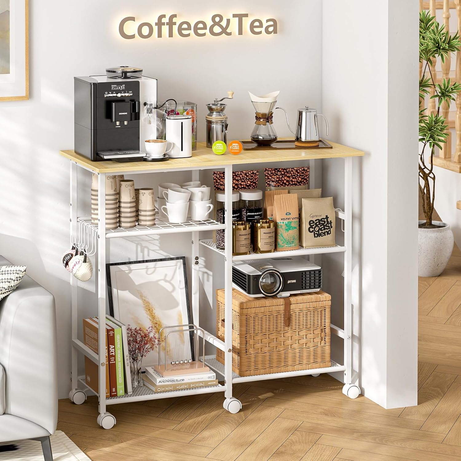 Kitchen Microwave Cart, Microwave Stand with Adjustable Shelf, Coffee Bar Stand Kitchen Baker's Rack with Wheels Rolling Storage Cart Organizer Shelf for Living Room, Office, Balcony