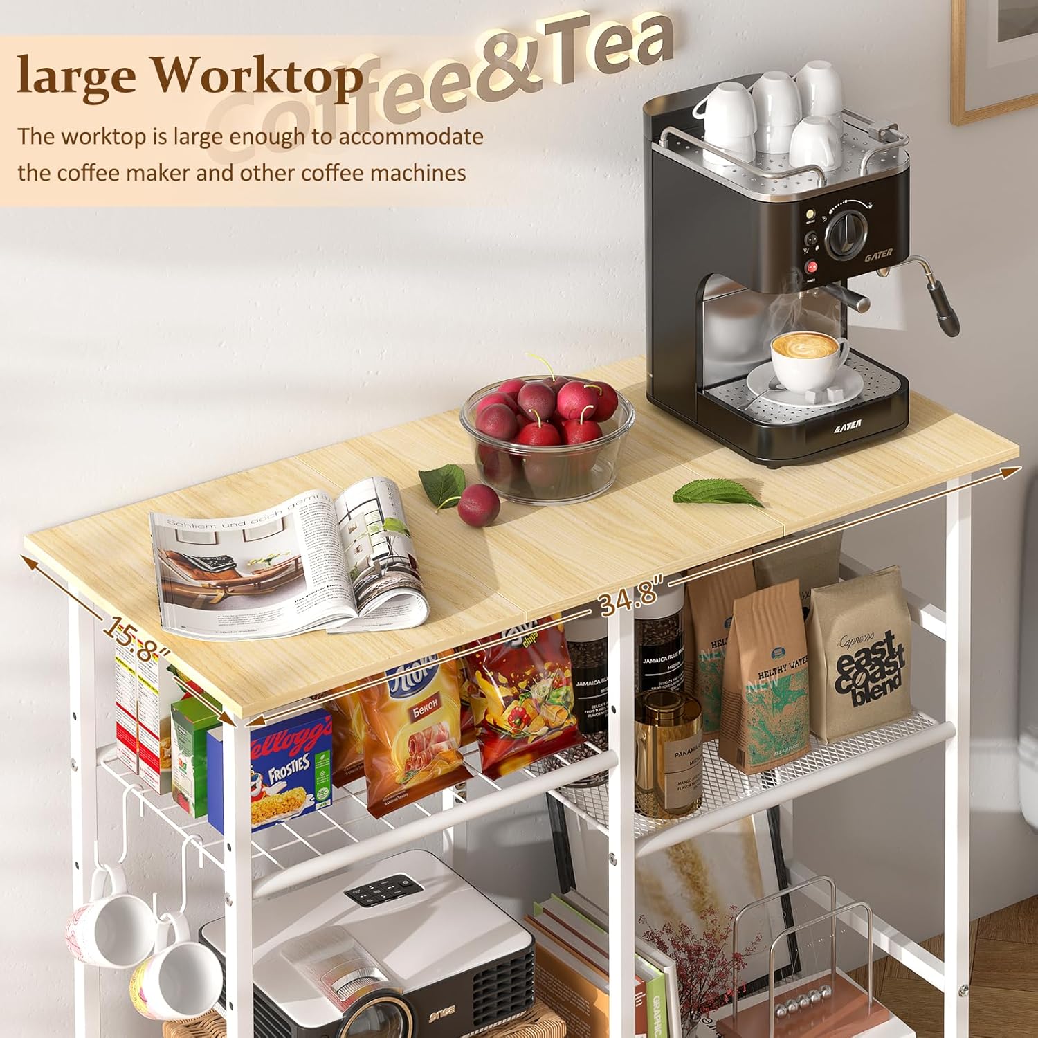 Kitchen Microwave Cart, Microwave Stand with Adjustable Shelf, Coffee Bar Stand Kitchen Baker's Rack with Wheels Rolling Storage Cart Organizer Shelf for Living Room, Office, Balcony