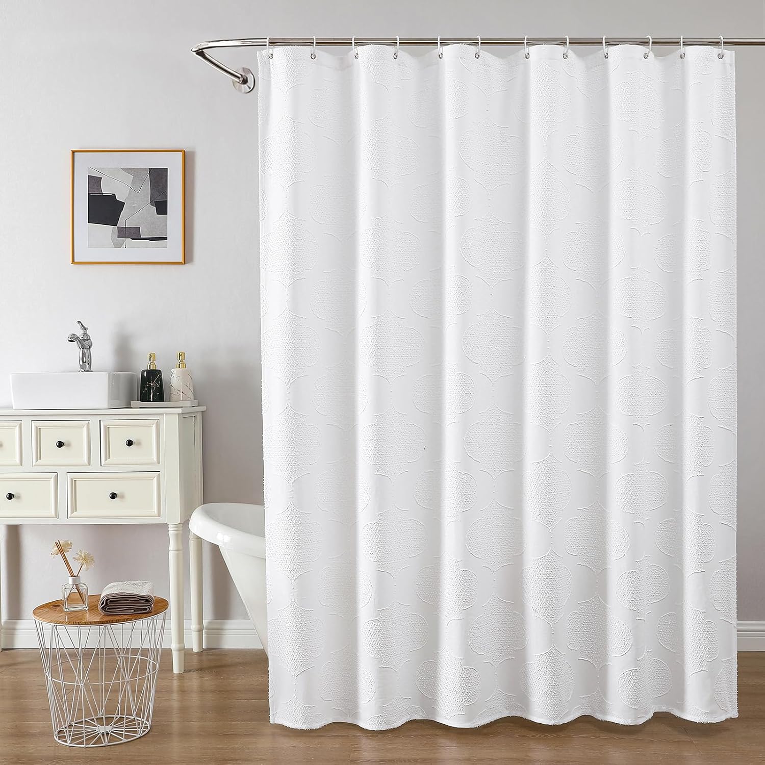 White Shower Curtain Set, Jacquard Geometric Textured Fabric Boho Shower Curtains for Bathroom, Soft Hotel Style Farmhouse Shower Curtain Grommet Top 12 Hooks, Machine Washable, 72x72, White