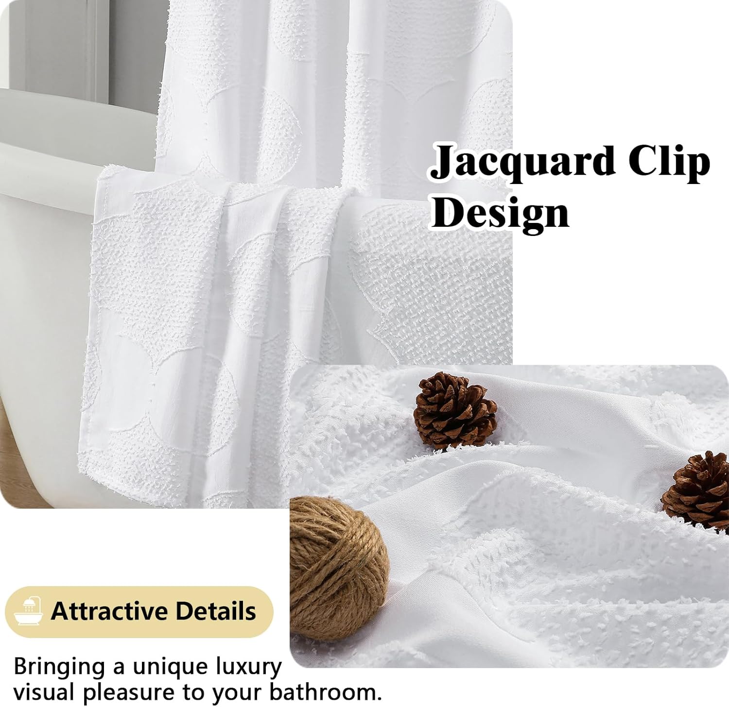 White Shower Curtain Set, Jacquard Geometric Textured Fabric Boho Shower Curtains for Bathroom, Soft Hotel Style Farmhouse Shower Curtain Grommet Top 12 Hooks, Machine Washable, 72x72, White