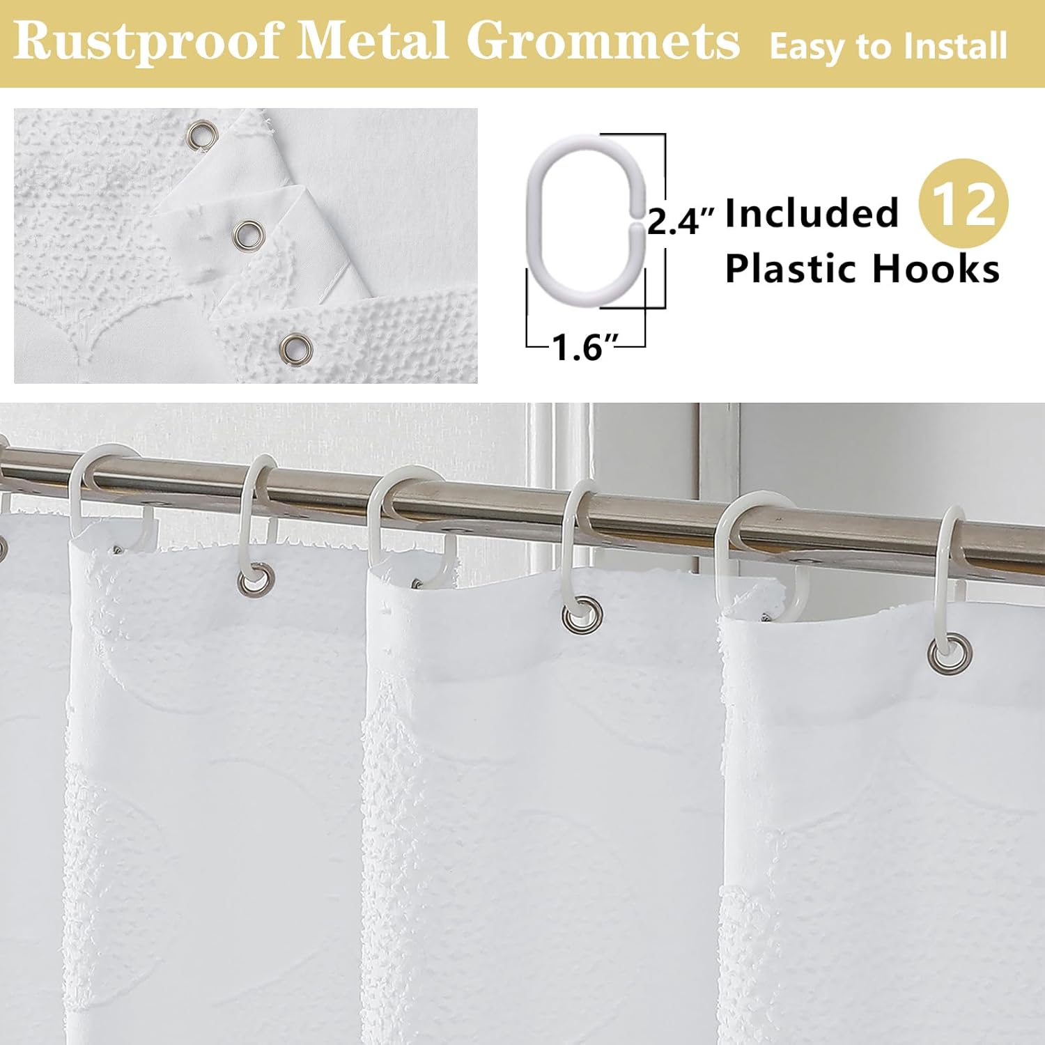 White Shower Curtain Set, Jacquard Geometric Textured Fabric Boho Shower Curtains for Bathroom, Soft Hotel Style Farmhouse Shower Curtain Grommet Top 12 Hooks, Machine Washable, 72x72, White