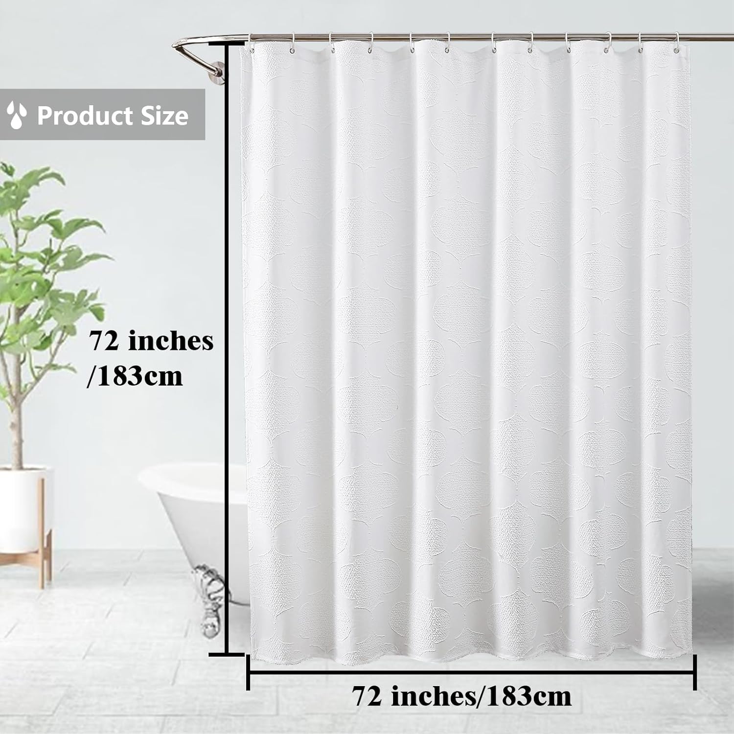 White Shower Curtain Set, Jacquard Geometric Textured Fabric Boho Shower Curtains for Bathroom, Soft Hotel Style Farmhouse Shower Curtain Grommet Top 12 Hooks, Machine Washable, 72x72, White